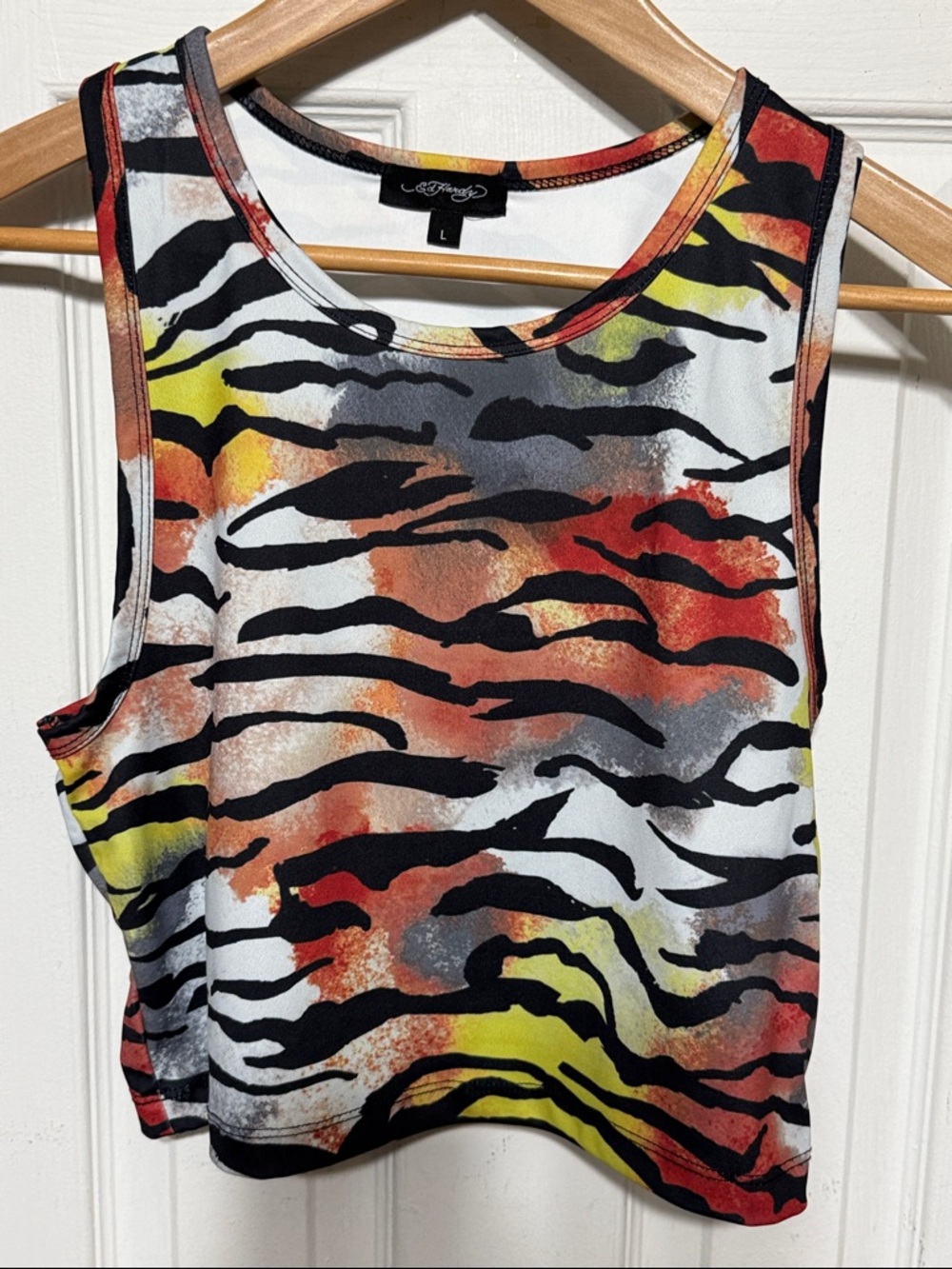 Ed Hardy Multicolor Tiger-Print Crop Tank Top in Black, Red, Yellow